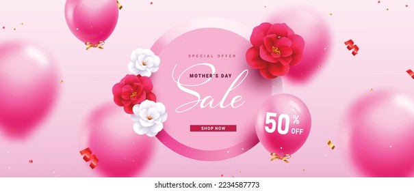 Mother's day sale vector template banner. Women's and mother's  celebration shopping promo discount offer for brochure and flyers ads background. Vector Illustration.
