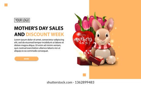 Mother's day sales and discount week, modern horizontal discount banner in bright colors with plush rabbit, tulips and gift