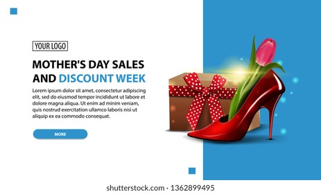 Mother's day sales and discount week, modern horizontal discount banner in bright colors with women's Shoe with tulips inside