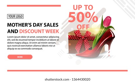 Mother's day sales and discount week, white modern horizontal discount banner with women's Shoe with tulips inside