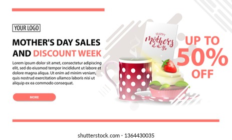 Mother's day sales and discount week, white modern horizontal discount banner with cup of tea with cupcake