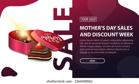 Mother's day sales and discount week, maroon modern horizontal discount banner with a modern texture shape-liquid, gift in the shape of a heart and candy