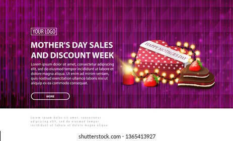 Mother's day sales and discount week, purple modern horizontal discount banner with a modern polygon texture and gift in the shape of a heart