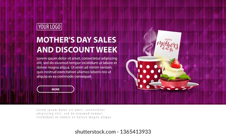 Mother's day sales and discount week, purple modern horizontal discount banner with a modern polygon texture and cup of tea with cupcake