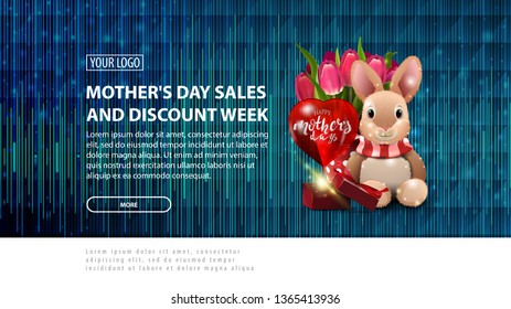 Mother's day sales and discount week, blue modern horizontal discount banner with a modern polygon texture, plush rabbit, tulips and gift