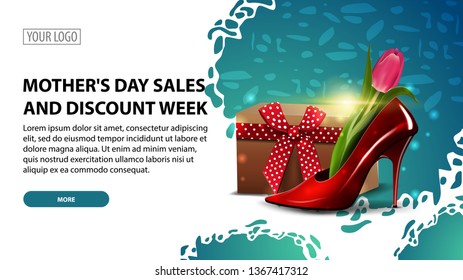 Mother's day sales and discount week, modern horizontal discount banner with a modern texture and women's Shoe with tulips inside