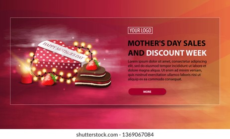 Mother's day sales and discount week, modern horizontal discount banner with a modern pink texture and gift in the shape of a heart