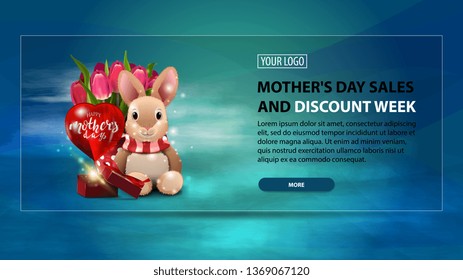 Mother's day sales and discount week, modern horizontal discount banner with a modern blue texture, plush rabbit, tulips and gift