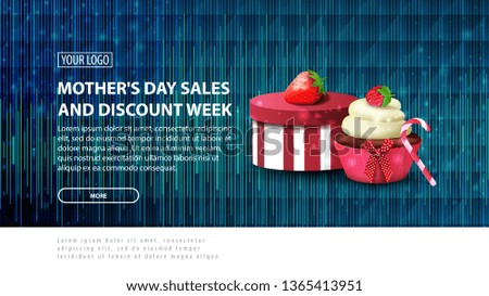 Mother's day sales and discount week, blue modern horizontal discount banner with a modern polygon texture, gift, strawberry and cupcake