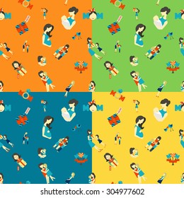 Mothers Day Seamless Pattern. Four Background in Different Colors. Vector. Clean Work Minimum Points
