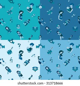 Mothers Day Seamless Pattern. Four Background in Different Colors. Vector. Clean Work Minimum Points