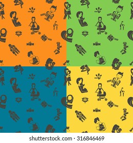 Mothers Day Seamless Pattern. Four Background in Different Colors. Vector. Clean Work Minimum Points