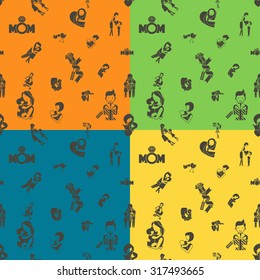 Mothers Day Seamless Pattern. Four Background in Different Colors. Vector. Clean Work Minimum Points