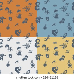 Mothers Day Seamless Pattern. Four Background in Different Colors. Vector. Clean Work Minimum Points