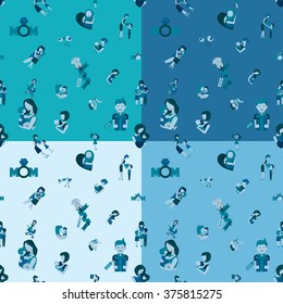 Mothers Day Seamless Pattern. Four Background in Different Colors. Vector. Clean Work Minimum Points