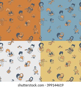 Mothers Day Seamless Pattern. Four Background in Different Colors. Vector. Clean Work Minimum Points