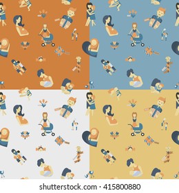 Mothers Day Seamless Pattern. Four Background in Different Colors. Vector. Clean Work Minimum Points