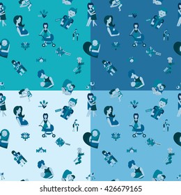 Mothers Day Seamless Pattern. Four Background in Different Colors. Vector. Clean Work Minimum Points