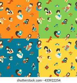 Mothers Day Seamless Pattern. Four Background in Different Colors. Vector. Clean Work Minimum Points