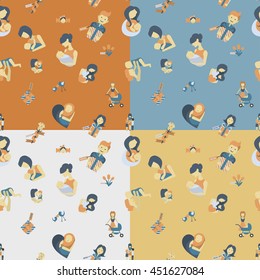 Mothers Day Seamless Pattern. Four Background in Different Colors. Vector. Clean Work Minimum Points