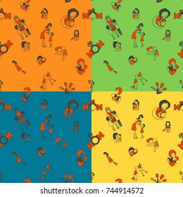 Mothers Day Seamless Pattern. Four Background in Different Colors. Vector. Clean Work Minimum Points