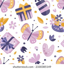 Mothers Day Seamless Pattern with Purple Floral Element, Butterfly and Gift Box Vector Template