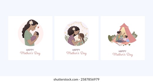 Mother's Day. A set of cards. Dark-skinned woman, mother, girl and newborn baby.