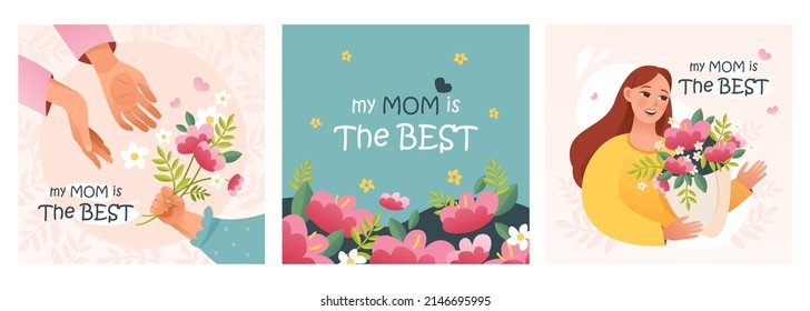 Día de la Madre. Un juego de adorables tarjetas de vacaciones. Mamá y bebé, regalos y flores para las celebraciones del Día de la Madre. Postcard, banner, plantillas de diseño de afiches. Ilustración vectorial de dibujos animados