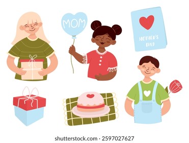 Mothers Day. A set of greeting illustrations for Mothers Day with images of children and gifts.