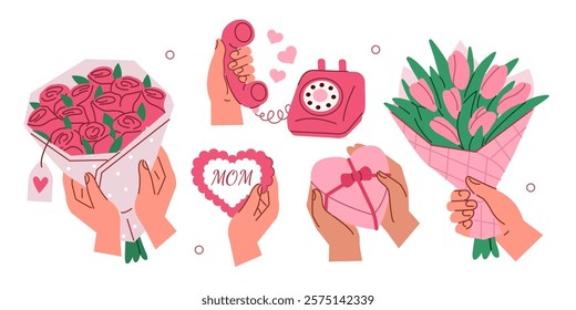 Mother's day set. Hands holding flowers bouquet, gift box, greeting card, telephone and other women's holiday design elements. Modern cartoon concept. Vector illustration.