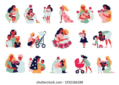 Mothers day set with isolated human characters of mothers with children and flowers baby stroller icons vector illustration