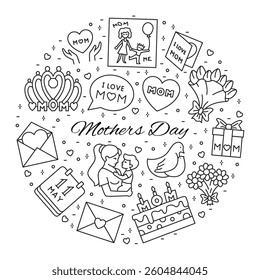 Mother's Day set line icons in circular composition. Vector illustration