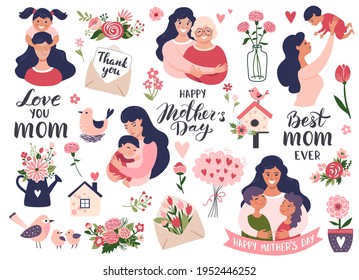 Mothers day set with mom and daughter, calligraphy text, carnation flowers. Hand drawn vector illustration.