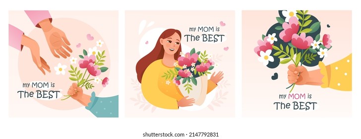 Día de la Madre. Un juego de postales para la mejor madre. Flores y regalos para el Día de la Madre. Ilustración vectorial de dibujos animados