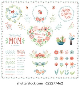 Mother's Day set with typographic design elements. Flowers, branches, brushes, wreath, floral heart, butterflies, plant pots and vases. Vector illustration.