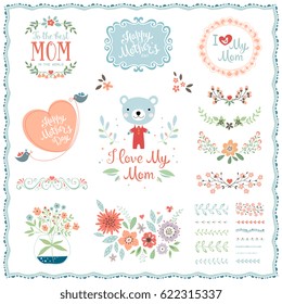 Mother's Day set with typographic design elements. Flowers, branches, brushes, wreath,  birds, Teddy Bear and floral bouquet in vase. Vector illustration.