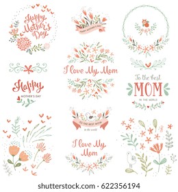 Mother's Day set with typographic design elements. Hand drawn flowers, plants, branches, wreaths and frames, floral bouquets and compositions, decorative birds and banners. Vector illustration.