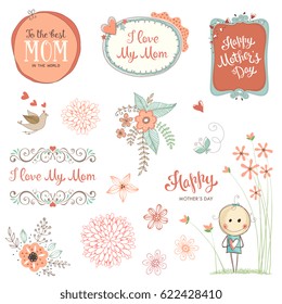 Mother's Day set with typographic design elements. Flowers, frames, floral bouquets, bird, butterfly and little kid with heart. Vector illustration.