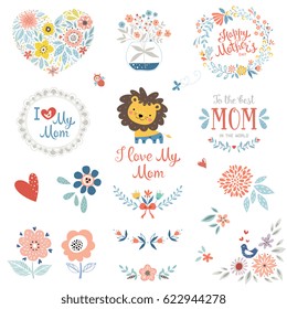 Mother's Day set with typographic design elements. Flowers, branches, wreaths, butterfly and bird, cute little Lion and floral bouquet in vase. Vector illustration.