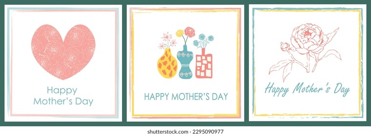 Mothers day set vector greeting cards. Happy Mother's Day floral illustration label, poster, banner and card. Roses, hearts, flowers, pink, flower vase. Hand drawn pastel card collection background