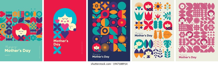 Mother's day. Set of vector illustrations. Abstract backgrounds, patterns, mother's day cards. Cover, poster, wallpaper. Minimalistic retro postcards. - Shutterstock ID 1947188914