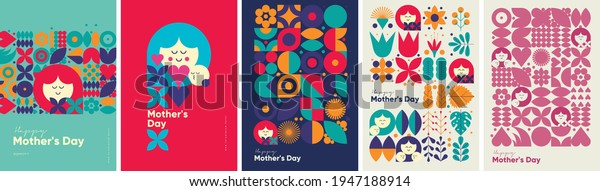 Mother\'s day. Set of vector illustrations.\
Abstract backgrounds, patterns, mother\'s day cards. Cover, poster,\
wallpaper. Minimalistic retro\
postcards.