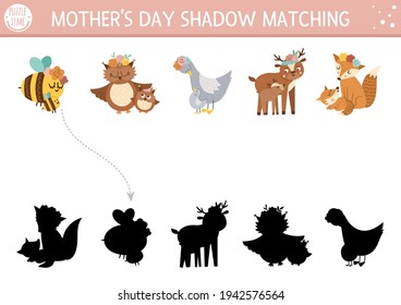 Mothers day shadow matching activity for children with animals family. Fun spring puzzle with cute mother and baby. Family love game for kids. Find correct silhouette printable worksheet. 

