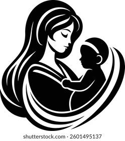 Mothers Day Silhouette Icon Black and White Loving Mom and Child Elegant and Minimalist Design Perfect for Cards Gifts and Decorations High Quality Vector Art