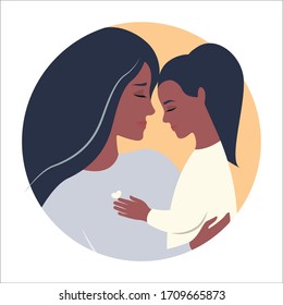 Mothers Day. Silhouette of mother and daughter tenderly and carefully hugging on a round background. Protection. Vector.