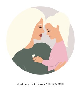 Mothers Day. Silhouette of mother and daughter tenderly and carefully hugging on a round background. Protection. Vector.