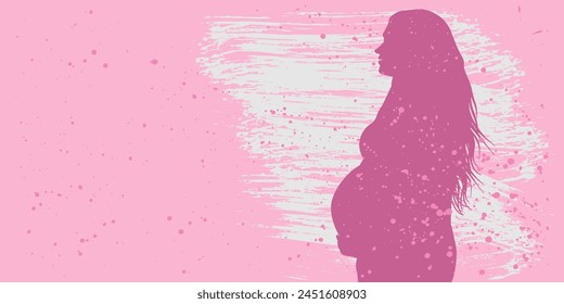 Muttertag. Silhouette der schwangeren Frau auf rosa Hintergrund mit Spritzer, Kopierraum. Vektorillustration.