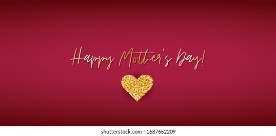 Mothers Day simple banner, website or newsletter header. Golden glitter hearts on red background. Vector illustration.