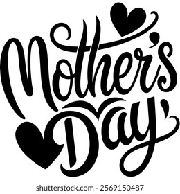 Mothers Day Simple Typography or Calligraphy Lettering With Love Heart Ornaments on white background