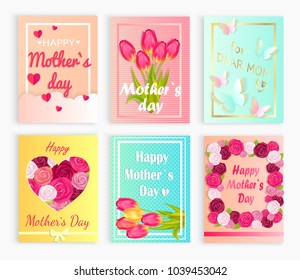 Mother's day. Six cute postcards with red hearts, multiplicity roses and tulips, hovering butterflies for Mom`s day vector illustration